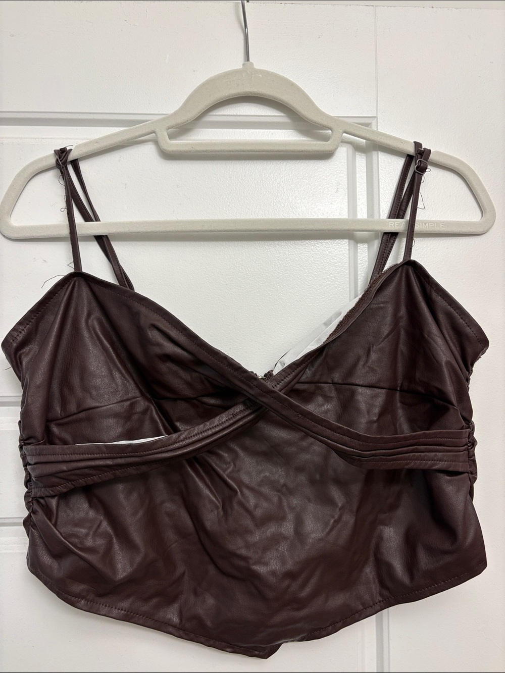 Faux Leather Brown Crossover Zipped Back Crop Top
